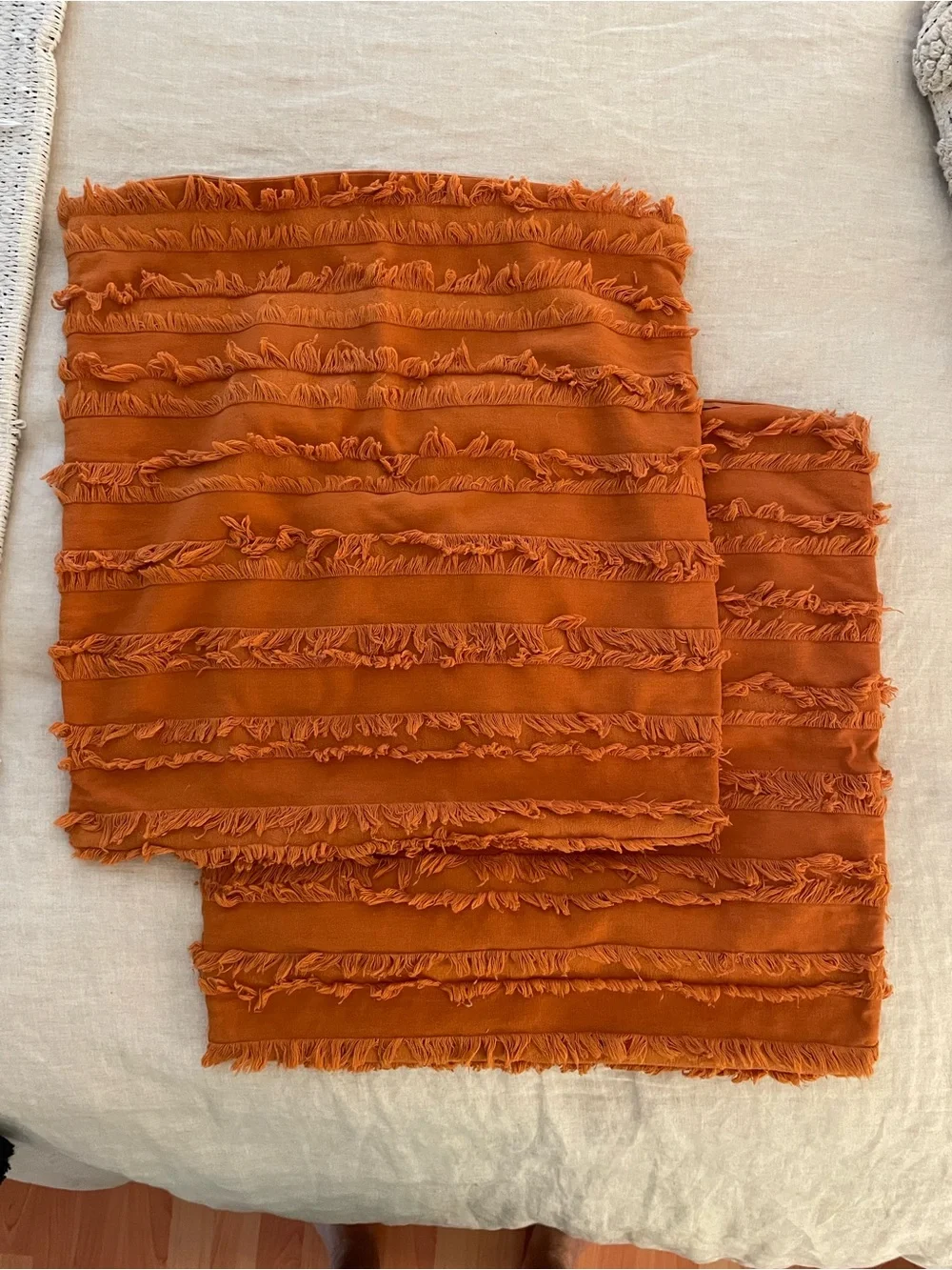 Fringed Textured Throw Pillow Pair - Burnt Orange